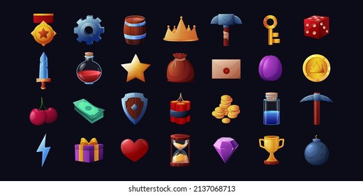 Game icon. Cartoon mobile casino game golden crown coin and cup, trophy and inventory vector set