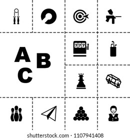 Game icon. collection of 13 game filled icons such as paper airplane, lottery, casino boy, abc, biliard triangle, golf putter, bowling. editable game icons for web and mobile.