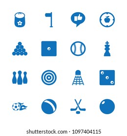 Game icon. collection of 16 game filled icons such as ball, baby toy, biliard triangle, football ball, hockey, chess king, baseball. editable game icons for web and mobile.