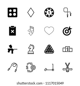 Game icon. collection of 16 game filled and outline icons such as from toy for beach, 1 casino chip, target, kick scooter, diamonds. editable game icons for web and mobile.