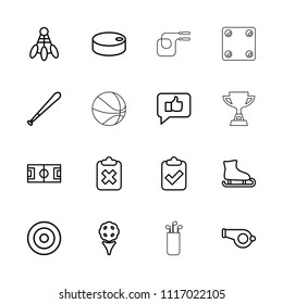 Game icon. collection of 16 game outline icons such as golf, target, clipboard with tick, clipboard with cross, shuttlecock. editable game icons for web and mobile.
