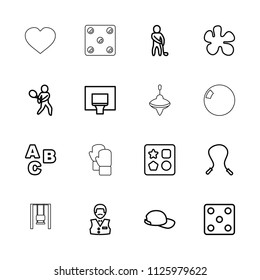 Game icon. collection of 16 game outline icons such as from toy for beach, dice, casino boy, abc, skipping rope, paintball. editable game icons for web and mobile.