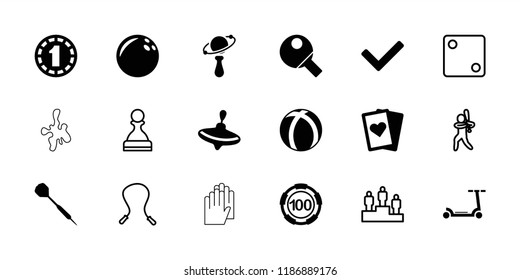 Game icon. collection of 18 game filled and outline icons such as whirligig, 100 casino chip, playing card, bowling ball, dart. editable game icons for web and mobile.