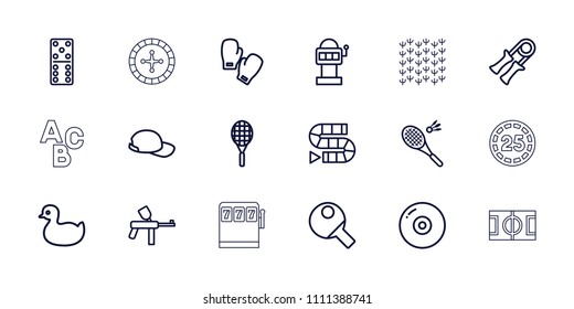 Game icon. collection of 18 game outline icons such as duck, domino, disc, slot machine, paintball, sport expander, tennis rocket. editable game icons for web and mobile.