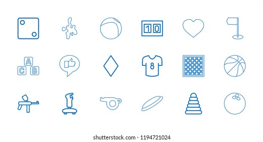 Game icon. collection of 18 game outline icons such as pyramid, diamonds, dice, joystick, paintball, sport score, football t shirt. editable game icons for web and mobile.