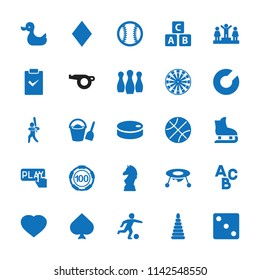 Game icon. collection of 25 game filled icons such as abc cube, baby toy, spades, 100 casino chip, dice, ranking, baseball player. editable game icons for web and mobile.
