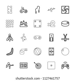 Game icon. collection of 25 game outline icons such as joystick, boomerang, target, domino, paintball, shuttlecock, football pitch. editable game icons for web and mobile.