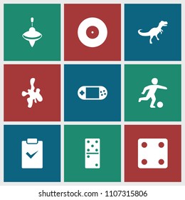 Game icon. collection of 9 game filled icons such as dice, portable console, football player, dinosaur, target, whirligig, domino. editable game icons for web and mobile.