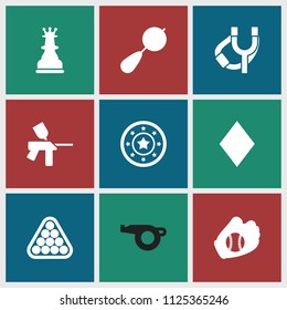 Game icon. collection of 9 game filled icons such as beanbag, casino chip, baseball glove, chess king, diamonds, billiards, paintball. editable game icons for web and mobile.