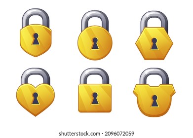 Game Icon Golden Metal Closed Lock Shapes Square Round And Hearts.