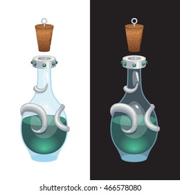 Game icon of green elixir in the precious bottle decorated with silver. Vector design in cartoon style for app user interface.