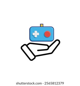 game icon. joystick in hand, controller, console. for rental logo, web icon, play station, mixed design style. Vector design