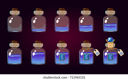 Game icon of magic blue elixir. Interface for game. Magic bottles set. Vector illustration. Isolated on dark background. 