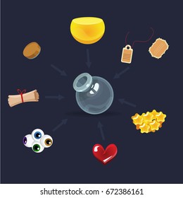 Game icon of magic elixir. Bottle and content options - stars, eyes, heart, old scroll. Vector design for app user interface. Potion for luck, defence, invisibility, fortitude, magic