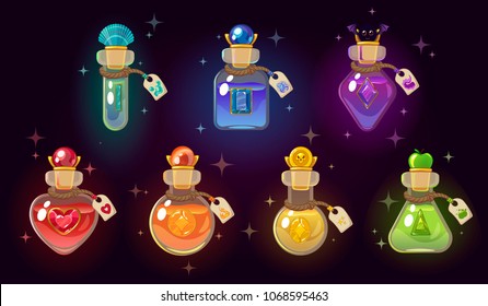 Game icon of magic elixir. Interface for mobile game. Magic bottles set. Vector illustration. Isolated on dark background.