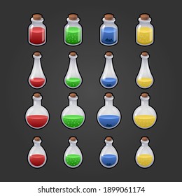 Game icon of magic elixir. Interface for mobile game. Magic bottles set. Vector illustration. Isolated on dark background.