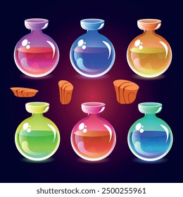 Game icon of magic elixir. Interface for game. Magic bottles set. Vector illustration.Cartoon bottles with poison in different colors, vector elements.