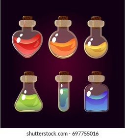  Game icon of magic elixir. Interface for game. Magic bottles set. Vector illustration. 