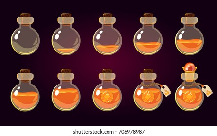 Game icon of magic elixir. Interface for game. Magic orange bottles set. Vector illustration. Isolated on dark background. 