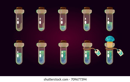 Game icon of magic elixir. Interface for game. Magic ocean bottles set. Vector illustration. Isolated on dark background. 
