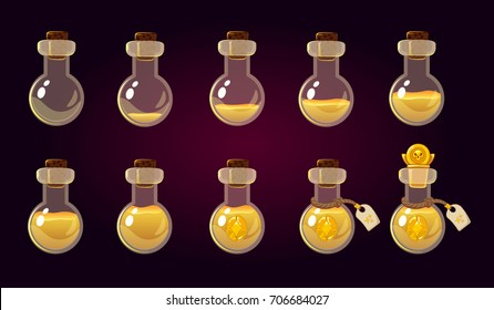 Game icon of magic golden elixir. Interface for game. Magic bottles set. Vector illustration.