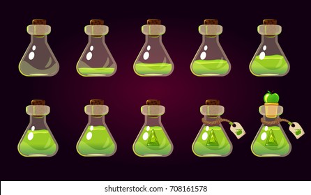 Game icon of magic green elixir. Interface for game. Magic bottles set. Vector illustration. Isolated on dark background.