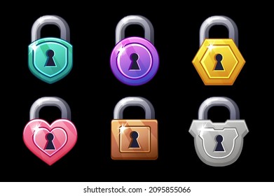 Game icon multicolored metal closed lock shapes square round and hearts.