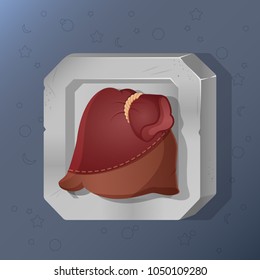 Game icon of pouch in cartoon style. Bright design for app user interface. Bag for magic component, money, crystals, witchcraft, enchantment. Vector illustration for Icons Collection.