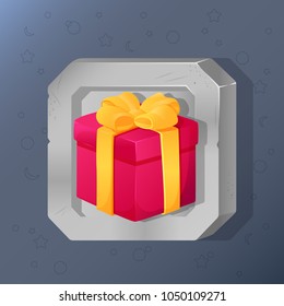 Game icon of present box with bow in cartoon style. Bright design for app user interface. Gift for surprise or hidden object. Vector illustration for Icons Collection.