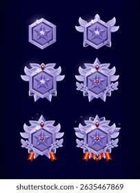 Game icon. Ranking level in hexagon. 3D cartoon blue frame with victory star. Award badge for GUI button. Winner border UI interface medal. Gamer rating metal shield. Vector laurel tidy elements set