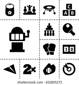 Game icon. set of 13 filled gameicons such as abc cube, baby toy, casino bet, slot machine, ranking, sport score, baseball glove, table tennis, target, paper plane, bowling