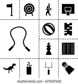 Game icon. set of 13 filled gameicons such as field, target, baseball player, basketball basket, goal post, chess king, shuttlecock, dinosaur, skipping rope, domino