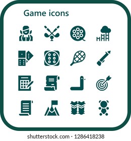  game icon set. 16 filled game icons. Simple modern icons about  - Croupier, Golf, Film roll, Goal, Domino, Dice, Tennis, Spear, Bingo, Spell, Duck, Target, Papyrus, Shin guards