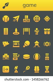 game icon set. 26 filled game icons.  Collection Of - Ball, Kunai, Paper plane, Abc, Dart, Target, Inflatable, Volleyball net, Childhood, Shin guards, Water gun, Newton cradle
