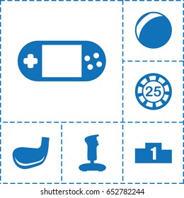Game icon. set of 6 game filled icons such as 25 casino chip, portable console, golf stick, ranking, joystick