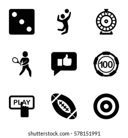 game icon. Set of 9 game filled icons such as Finger pressing play button, 100 casino chip, Dice, Roulette, tennis playing, volleyball player, american football, thumb up