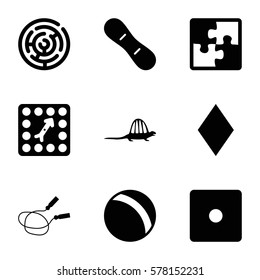 game icon. Set of 9 game filled icons such as ball, jump rope, Diamonds, Dice, board game, snow board, puzzle, dinosaur