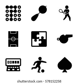 game icon. Set of 9 game filled icons such as beanbag, Spades, Slot machine, tennis playing, football pitch, whistle, football player, puzzle