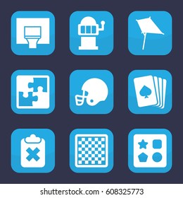 Game icon. set of 9 filled game icons such as from toy for beach, kite, pllaying card, Slot machine, basketball basket, american football helmet, puzzle, chess board