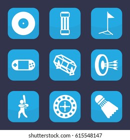 Game icon. set of 9 filled game icons such as Roulette, lottery, portable console, baseball player, flag, Shuttlecock, arrows in target, expander sport