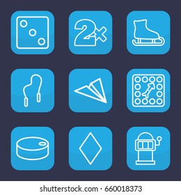 Game icon. set of 9 outline game icons such as diamonds, dice, casino bet, slot machine, board game, skipping rope, hockey puck, paper plane