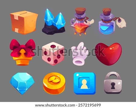 Game icon set - cardboard box, crystals and magic potions, gift with bow, dice, white glove pointer, red heart and golden coin, player profile button and silver lock. Fantasy RPG interface elements.