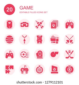game icon set. Collection of 20 filled game icons included Billiard, Virtual reality, Darts, Poker, Gamepad, Ball, Pixel, Arcade game, Gloves, Fencing, Football ball, Whistle
