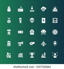 game icon set. Collection of 25 filled game icons included Focus, Toy, Trophy, Target, Hologram, Crossbow, Whistle, Vuvuzela, Checker, Frisbee, Goggles, Warrior, Gamepad, Nerd