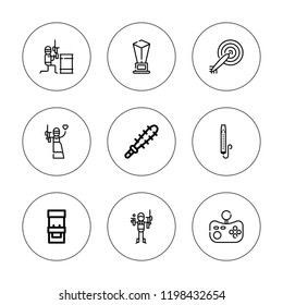 Game icon set. collection of 9 outline game icons with arcade machine, darts, joystick, mace, paintball, trophy icons. editable icons.