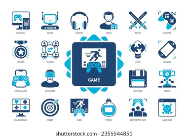 Game icon set. Console, Online Casino, VR Headset, Potion, Gamepad, Mobile Games, Cooperative play, Logic. Duotone color solid icons