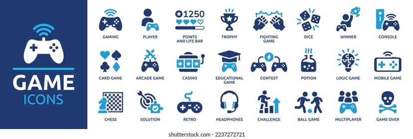 Game icon set. Gaming icon elements containing points and life bars, console, player, chess, multiplayer, casino and mobile game icons. Solid icon collection. svg