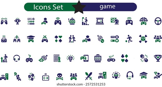 Game icon set. Gaming icon elements containing points and life bars, console, player, chess, multiplayer, casino and mobile game icons.