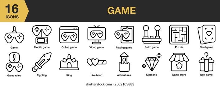 Game icon set. Includes video, diamond, card, adventure, box game, console and More. Outline icons vector collection.