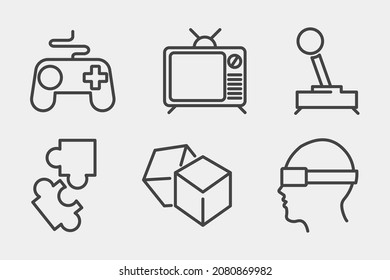 Game icon set. Joystick controller, gamepad, zigzag puzzle, Television monitor, dice and VR or AR goggles line icon. Isolated.
